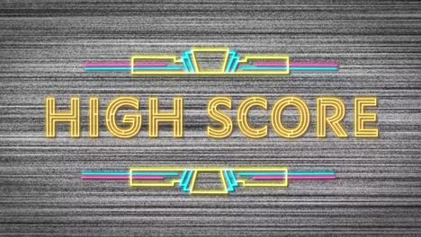 animation of high score text in flickering yellow neon sign on grey streaked background