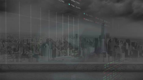 animation of statistical and stock market data processing against aerial view of cityscape