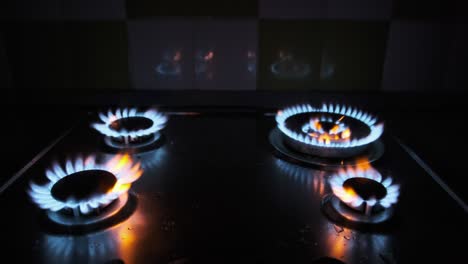 four gas burners burn simultaneously on a gas stove in the dark