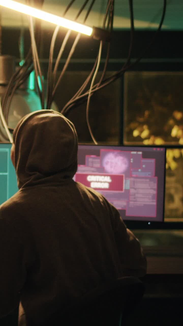 Video verticale: hacker di successo che festeggia il phishing raggiunto su PC