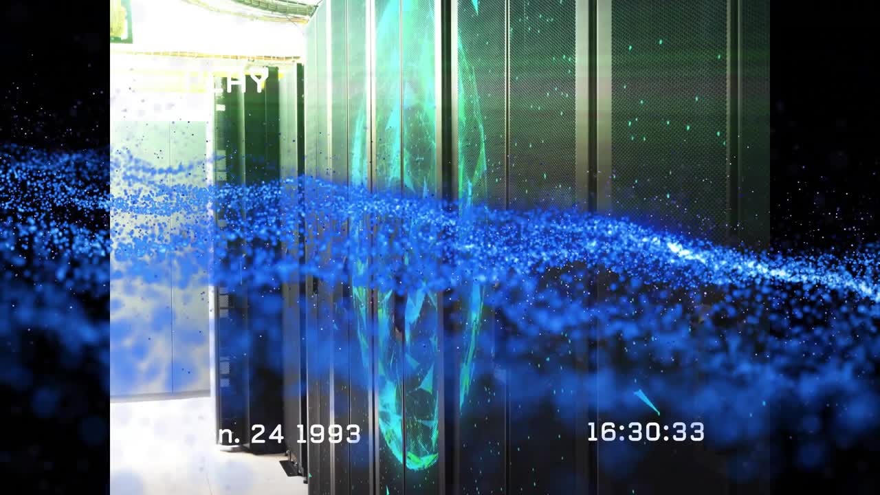 Retro PLAY starting blue particle band sweeping left-right racks, timecode counting, showing flow