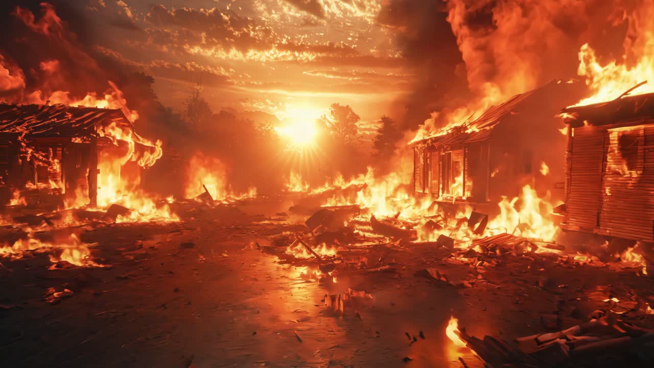 A fiery scene with a sunset in the background. The sky is filled with clouds and the sun is setting. The scene is set in a town with buildings on fire