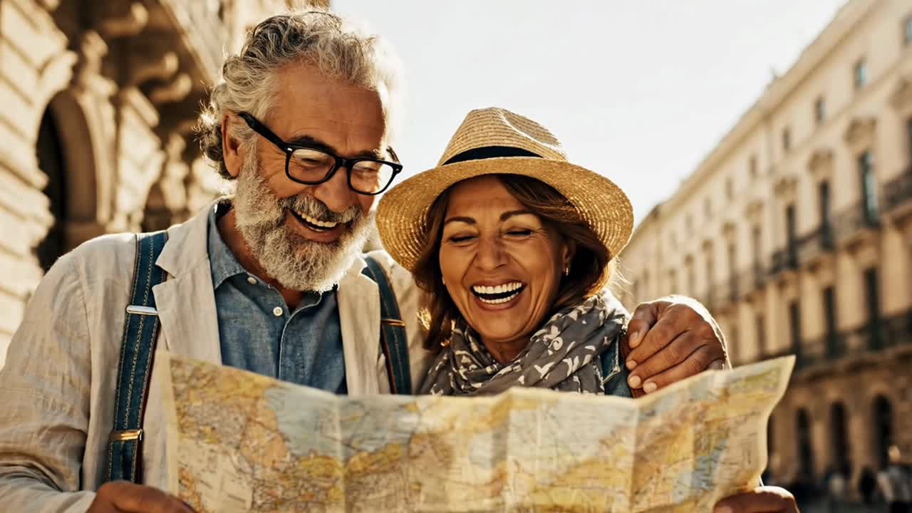 Coppia di anziani che legge con gioia una mappa passeggiando per una strada cittadina.