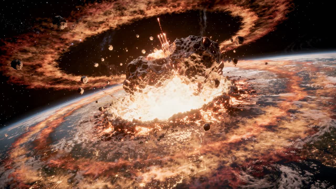 Un gigantesco asteroide si scontra con la Terra, proiettando detriti infuocati, nubi incandescenti e onde d'urto nello spazio in una drammatica scena apocalittica di fantascienza