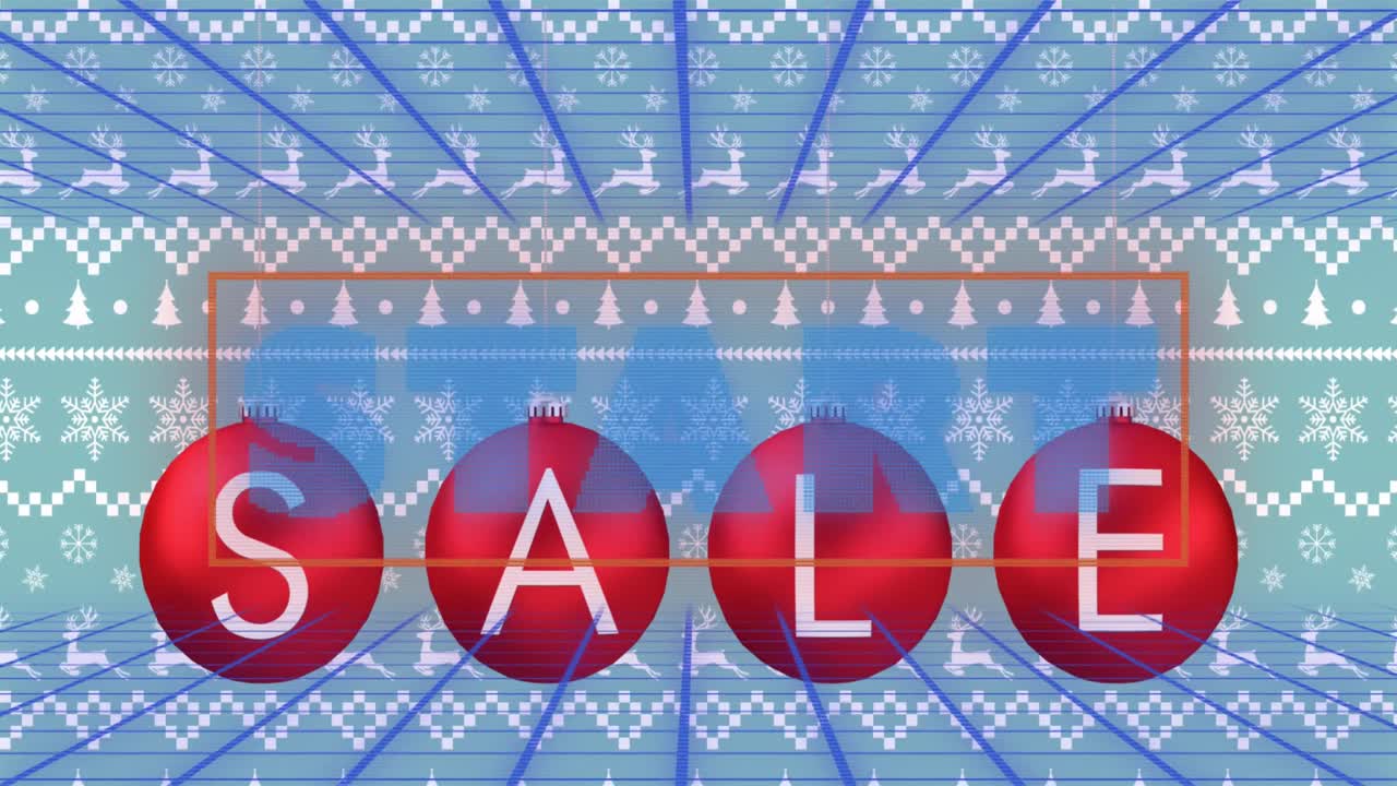 크리스마스 패턴 배경 위에 시작 및 판매 텍스트의 애니메이션