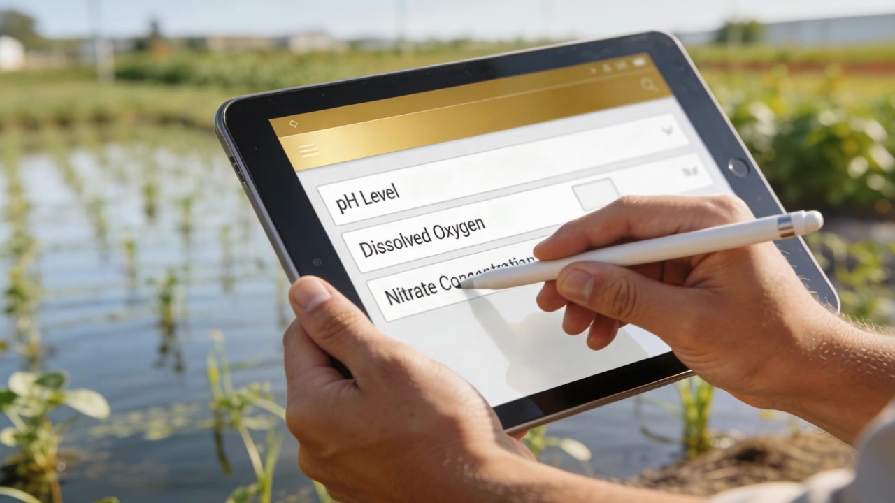 Un tecnico che digita dati sull'acqua dopo una richiesta del modulo presso uno stagno rurale con uno stilo per tablet, a maniche corte.