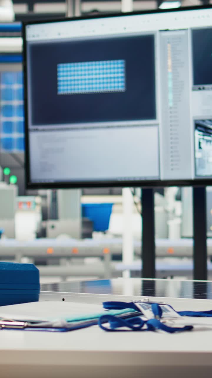 Vertical video Monitor in green energy solar panels plant with software used to optimize layouts