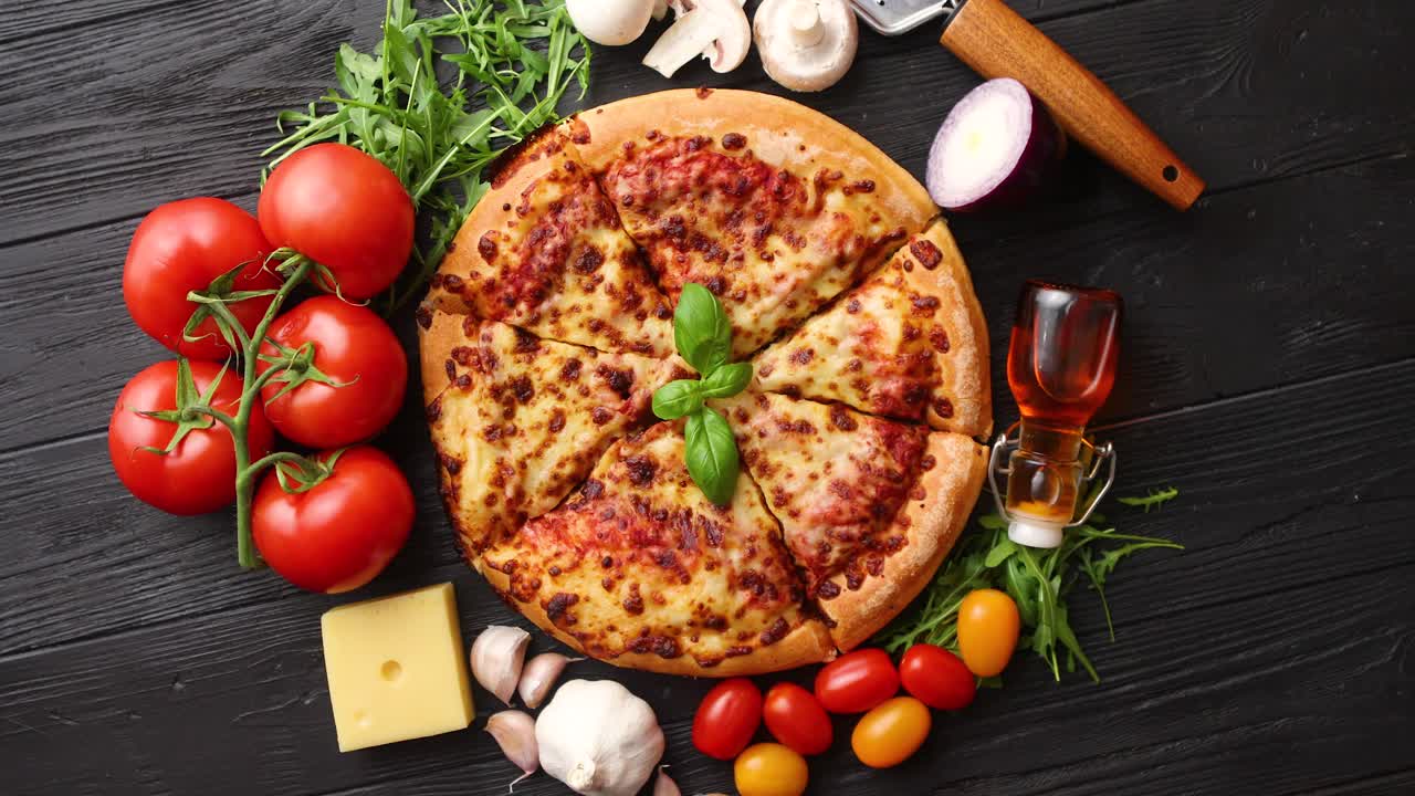 deliciosa pizza italiana servida en una mesa de madera negra