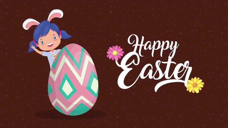 happy easter animated card with little girl using rabbit ears