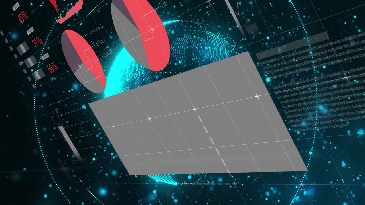 Large tilted grey grid panel being displayed with glowing 3D globe, floating pie and bar charts