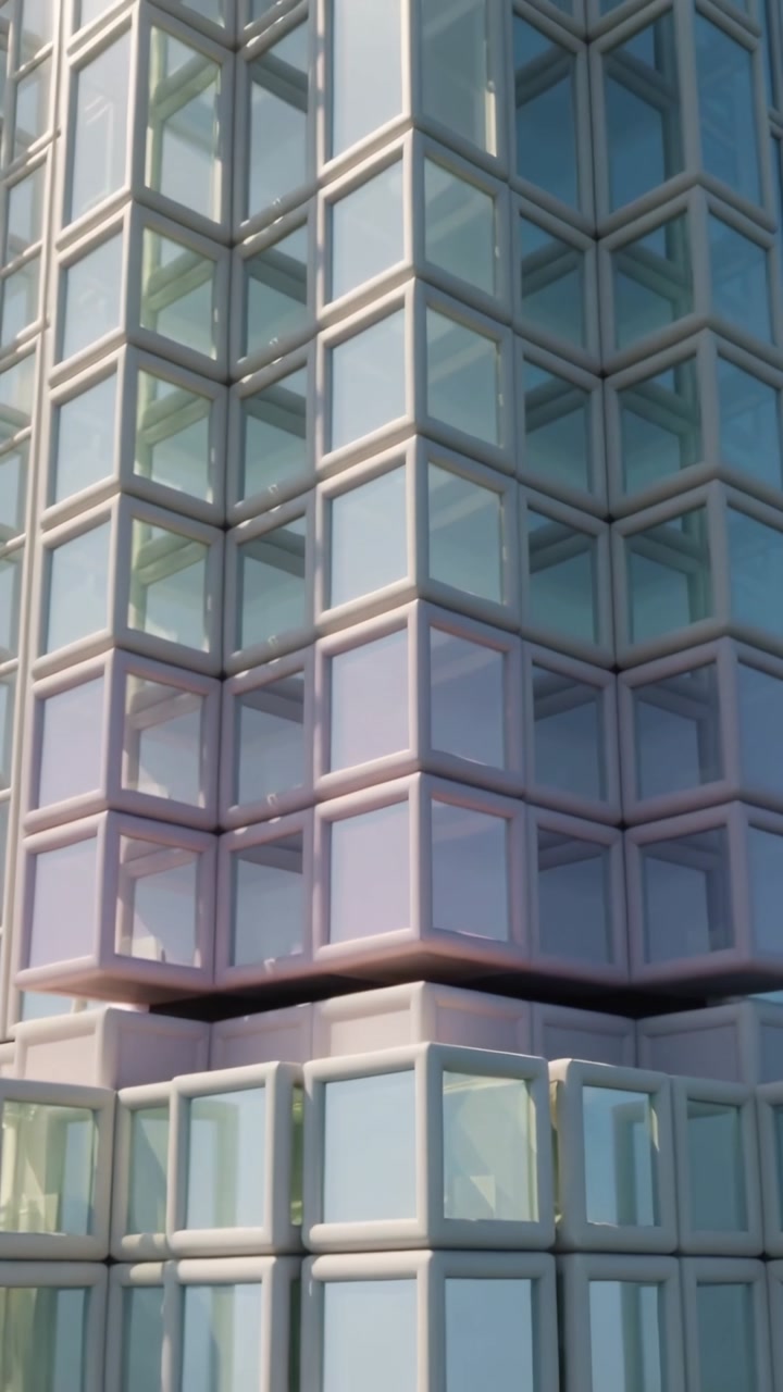 Upward View of a Modern Building with Geometric Glass Facade