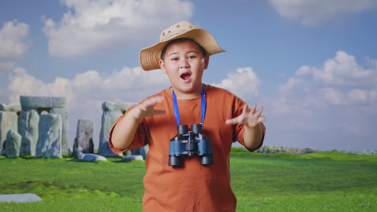 Asian Boy With A Hat Saying Wow After Looking Through The Binoculars. Boy Researcher Examines Something While Traveling In Stonehenge, Travel Tourism Adventure Concept