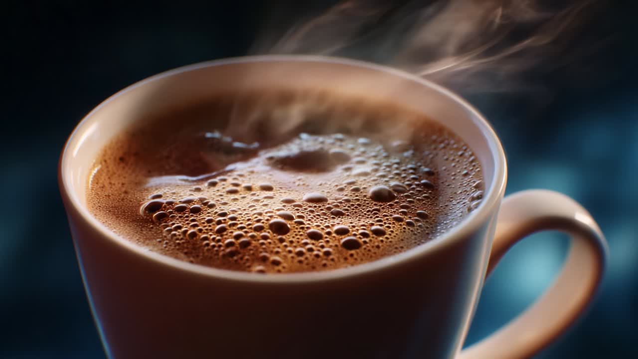 Una tazza di caffè fumante: cattura l'aroma intenso e il calore invitante di una bevanda appena preparata, perfettamente vivida nei dettagli e nei colori su uno sfondo morbido e piacevole