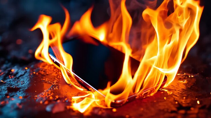 Un cellulare in fiamme con uno sfondo nero