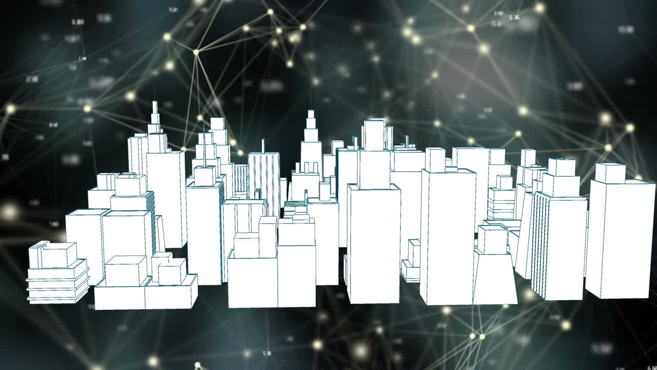 3d 도시 풍경 도면 위의 연결 네트워크의 애니메이션