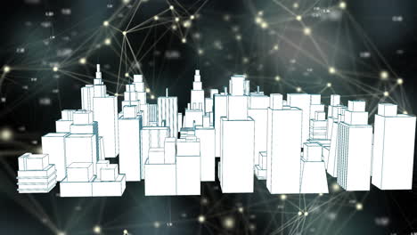 animación de la red de conexiones sobre el dibujo del paisaje urbano en 3d