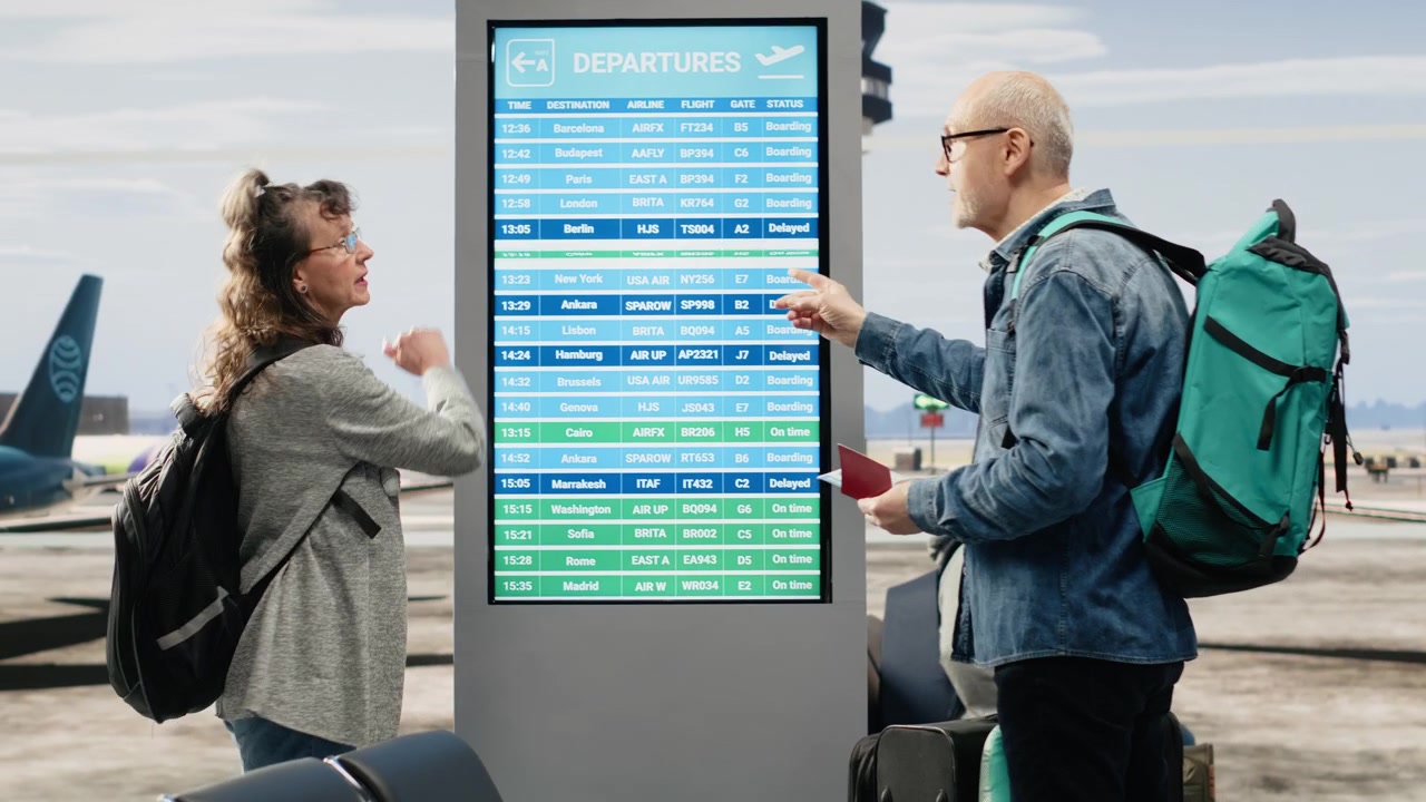 Pensionati sicuri di sé che guardano il tabellone delle partenze dell'aeroporto nell'area lounge