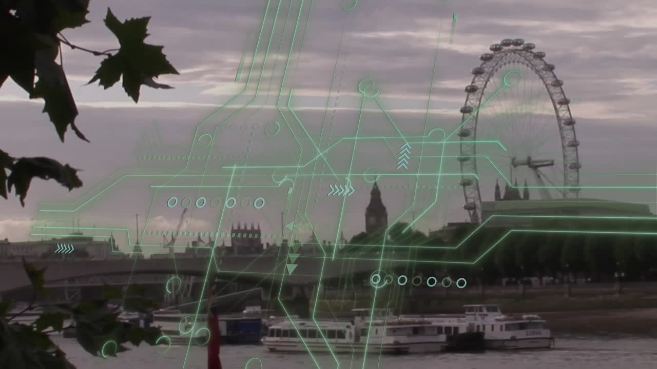 Digital circuit animation over London skyline with Ferris wheel and river