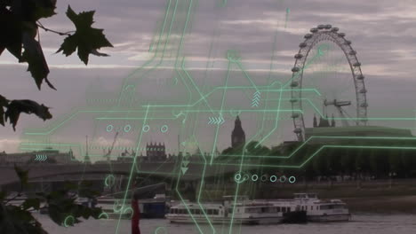 digital circuit animation over london skyline with ferris wheel and river