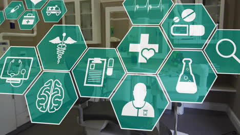 animation of network of medical icons over dentist's surgery