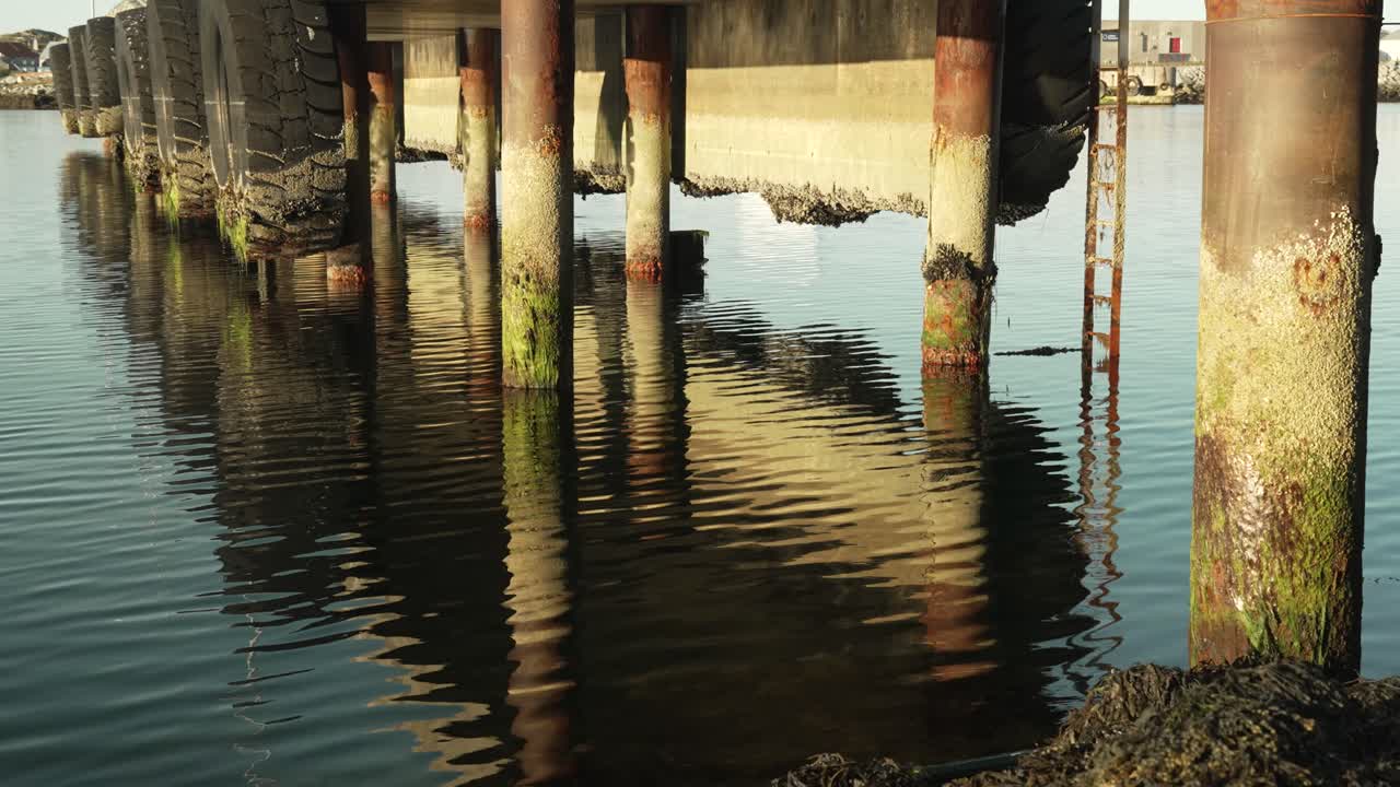Golden sunset reflections shimmer on the water beneath a stone bridge at the ferry dock. A serene and cinematic scene perfect for travel, nature, and atmospheric videos
