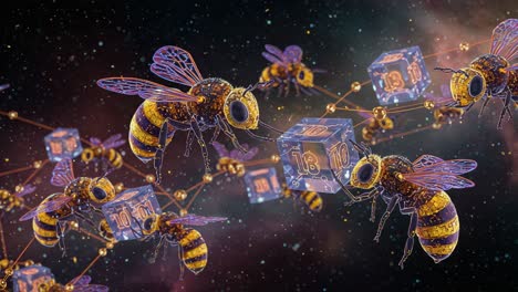 A mesmerizing scene of vibrant, digitally-rendered bees interacting with glowing cubes, set against a cosmic backdrop showcasing creativity and innovation in the realm of technology and nature