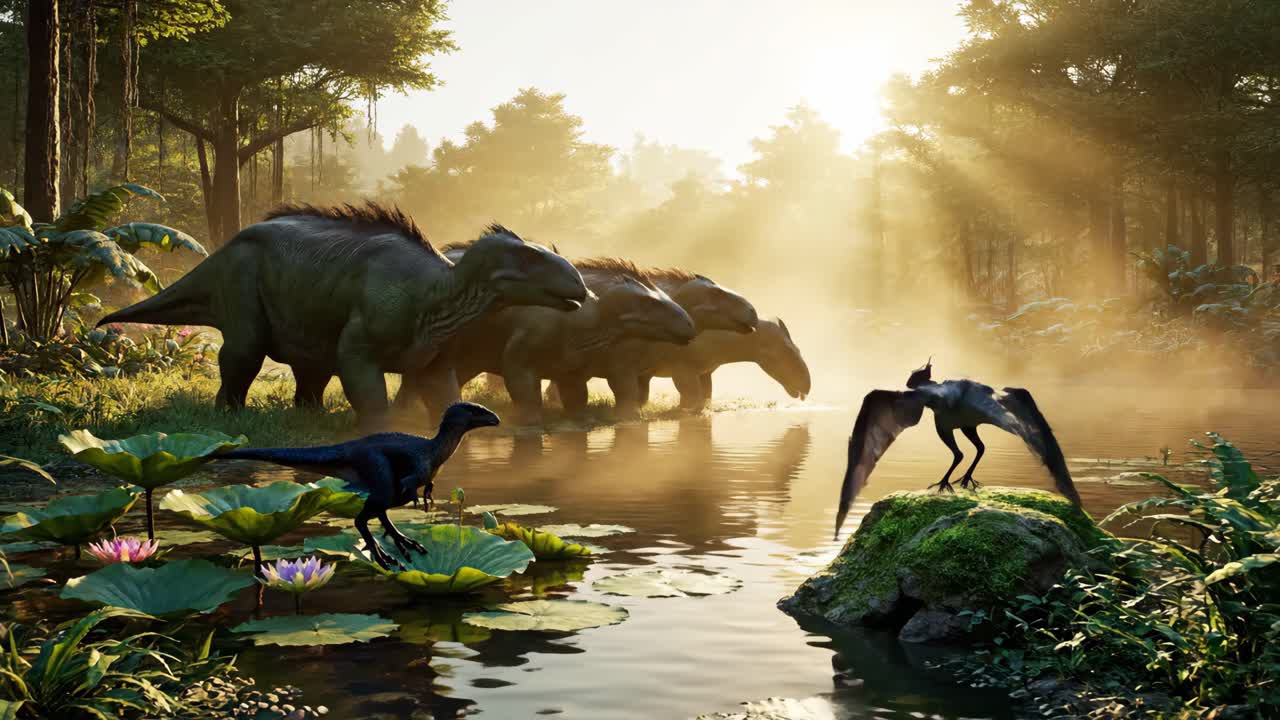 Dinosaurs in a Prehistoric Lake Scene