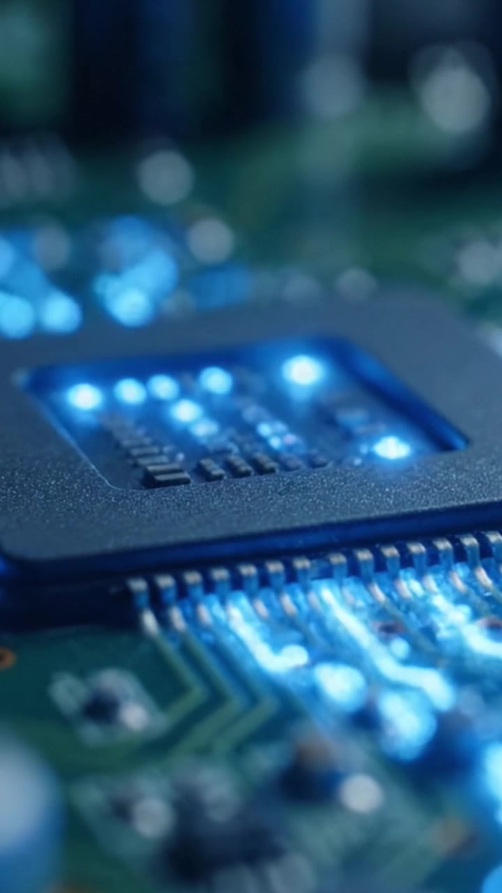 Illuminated Microprocessor on Circuit Board: A Close-Up Exploration of Modern Electronics Showcasing LED Functionality and Intricate Circuit Design