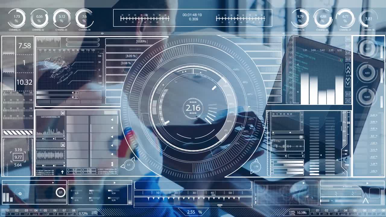 Animation of data processing and african american businesswoman using computer