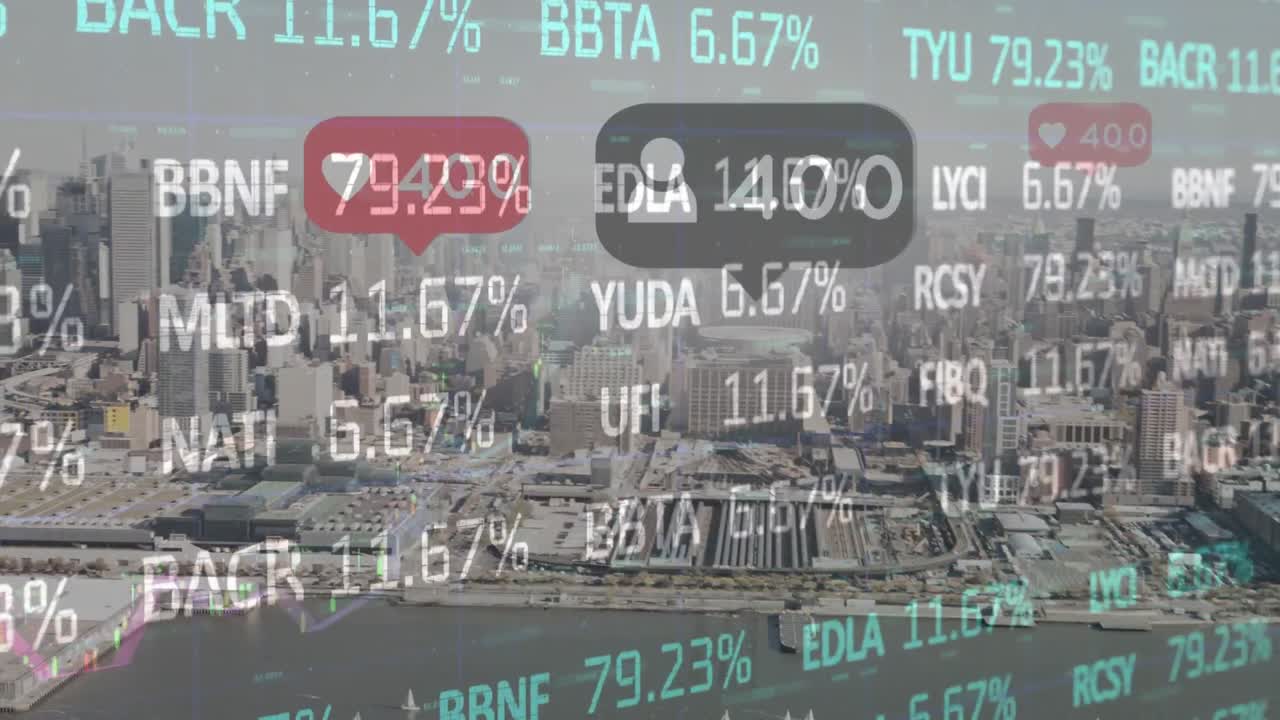 도시 풍경의 공중 전망을 통해 거래 보드와 소셜 미디어 통지 카운터의 애니메이션