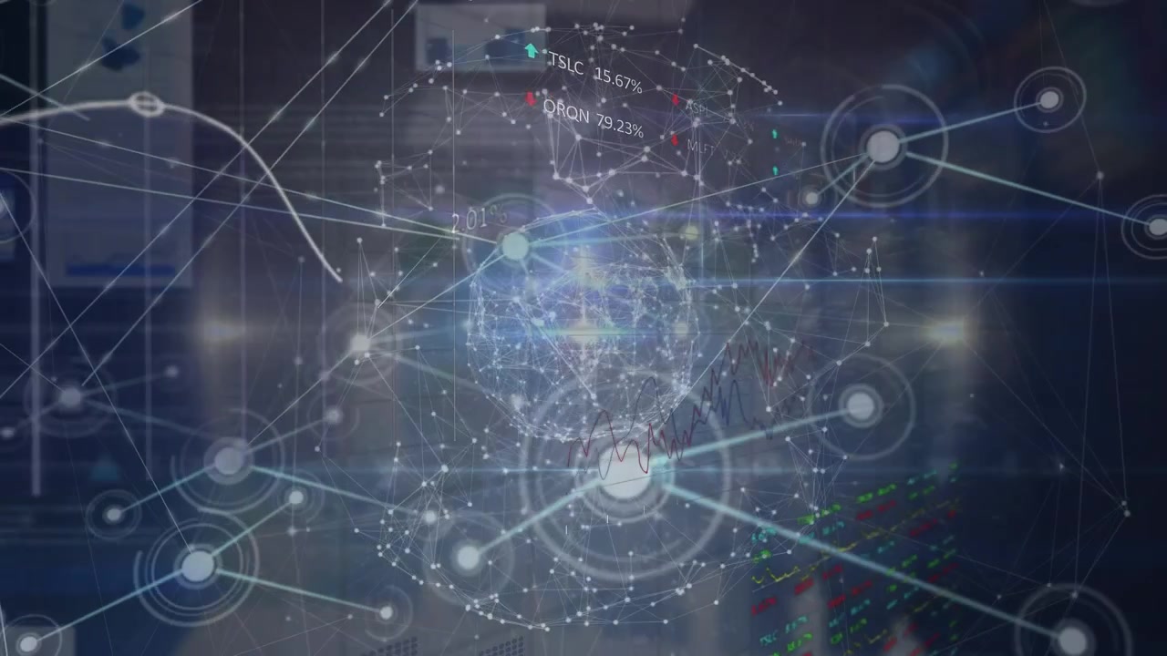 Animation of connections, globe and data on navy space