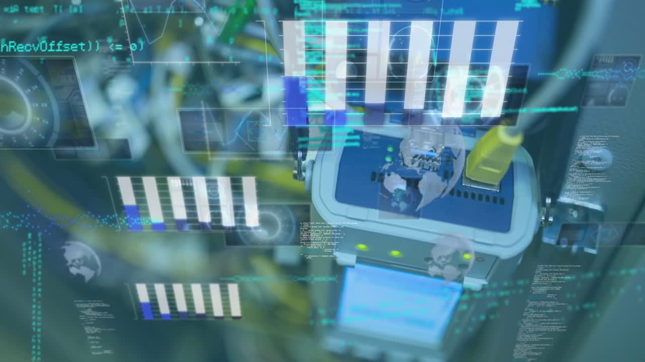 animación del procesamiento de datos estadísticos y escáneres redondos frente a un servidor de computadora