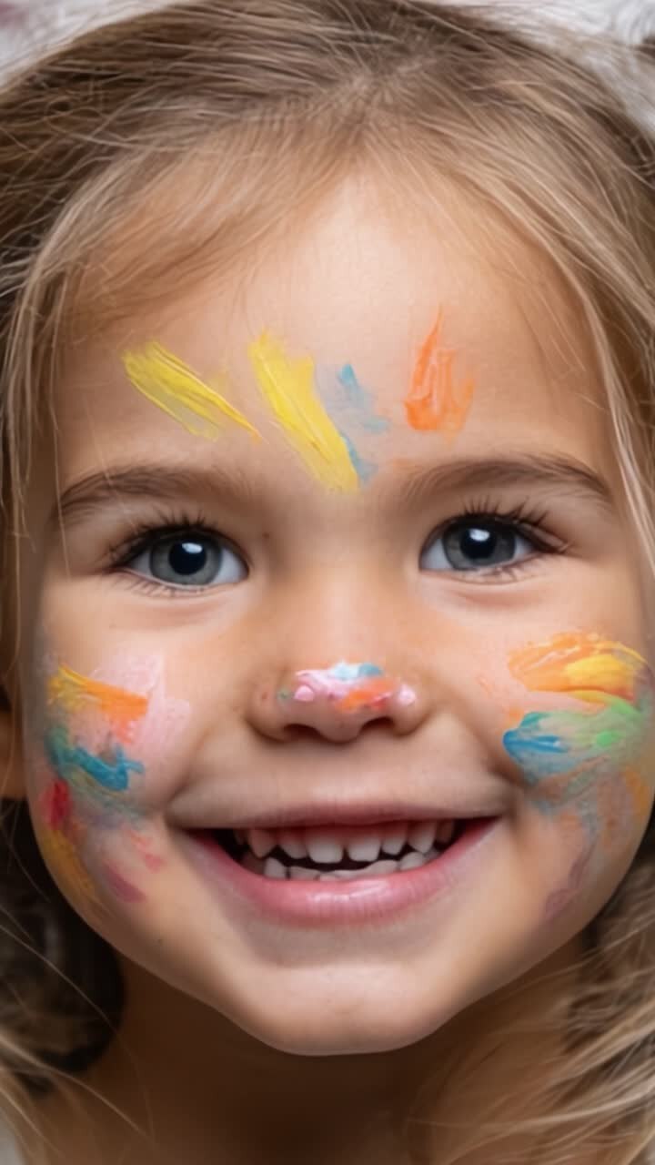 Un bambino allegro con il viso dipinto a colori che sorride luminosamente in un momento giocoso di creatività e gioia
