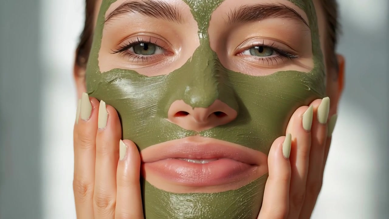 Alisando o rosto de uma mulher adulta após a máscara, massageando as bochechas para ajudar a máscara a assentar em um spa, toalha, unhas verde-menta.