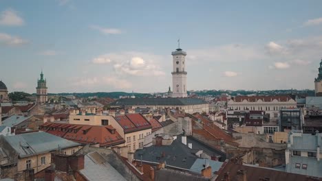 Aerial-drone-footage-of-european-city-Lviv,-Ukraine.-Flight-above-popular-ancient-part-of-old-town