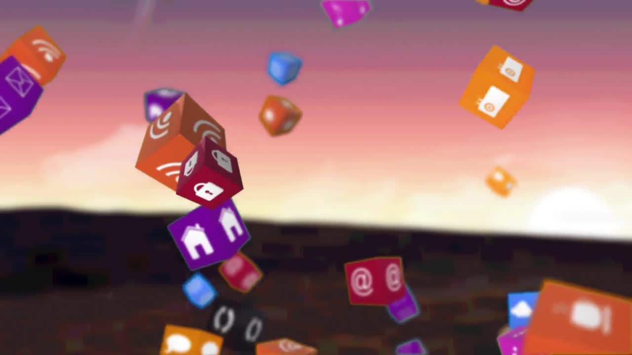 animación de iconos digitales flotando sobre el paisaje