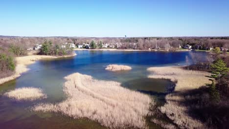 4k aerial drone video clip of a lake with blue water and green trees in michigan in the spring