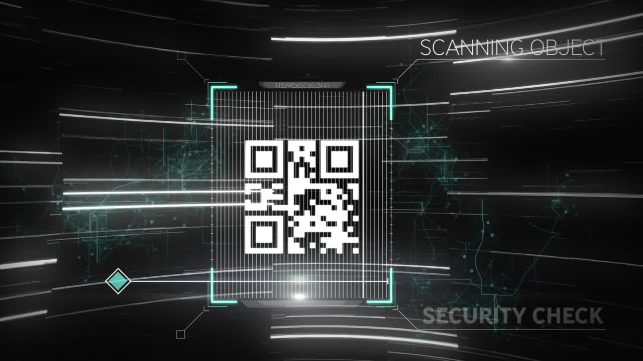 animación del procesamiento de datos con código qr en fondo negro