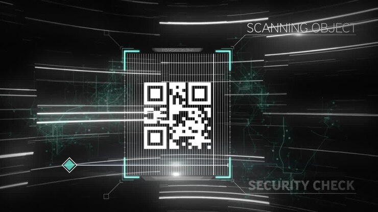 Animation der Datenverarbeitung mit QR-Code auf schwarzem Hintergrund