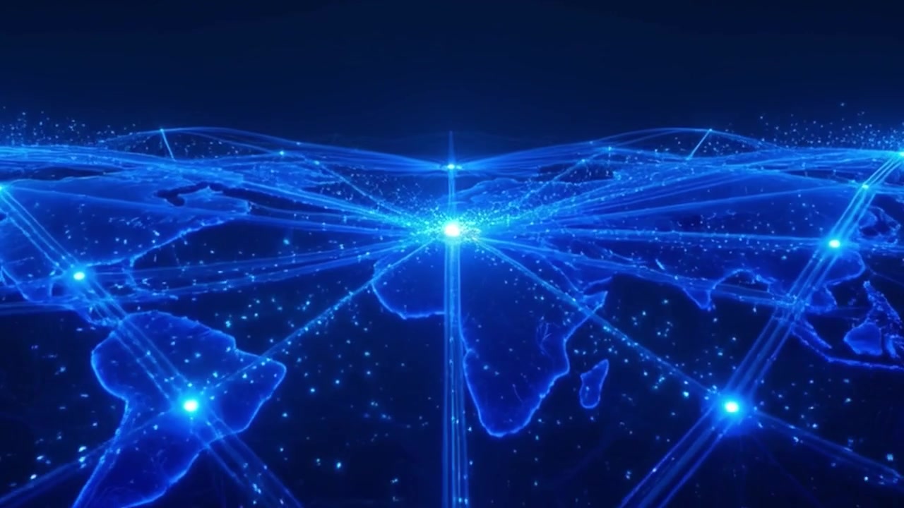 Digital World Map with Glowing Network Connections and Data Flow
