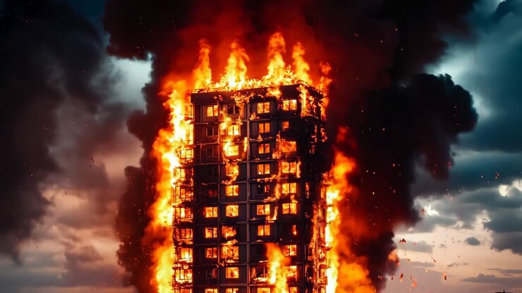 Un edificio alto está envuelto en llamas y humo.