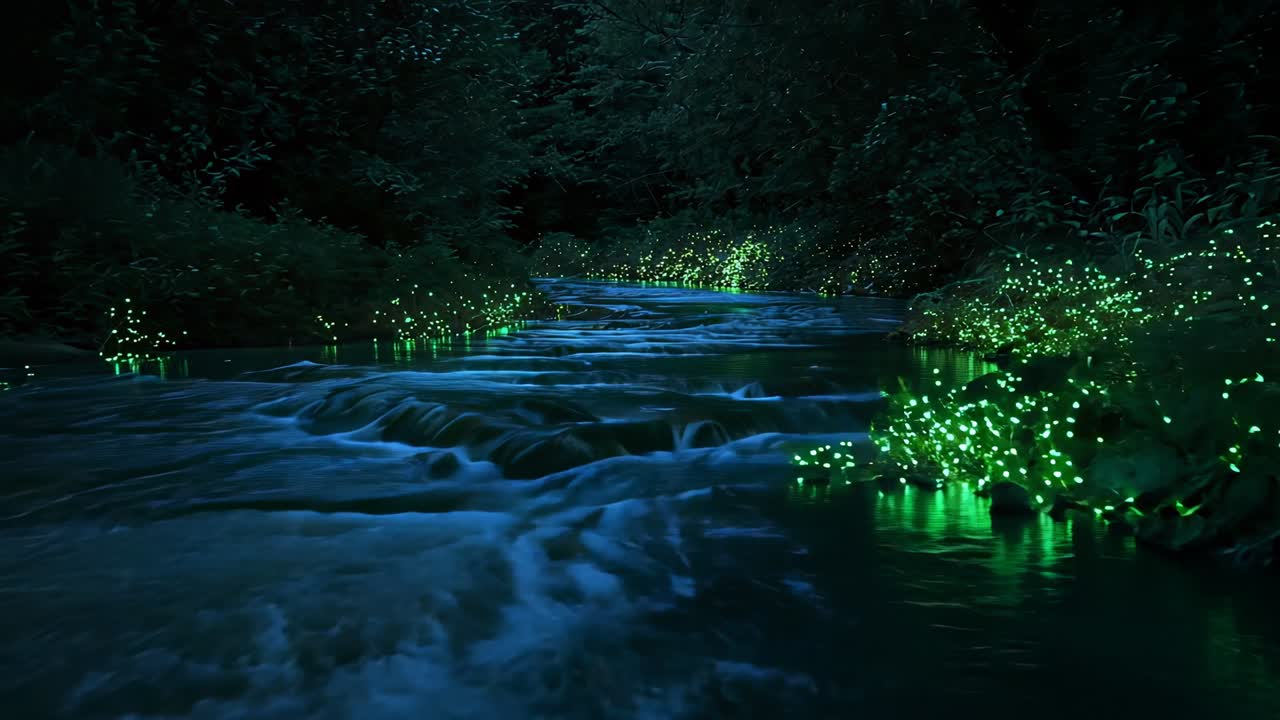 Camera moving forward to reveal flowing river forming small rapids at night, green glows reflecting
