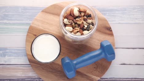 healthy breakfast with nuts and milk, fitness concept