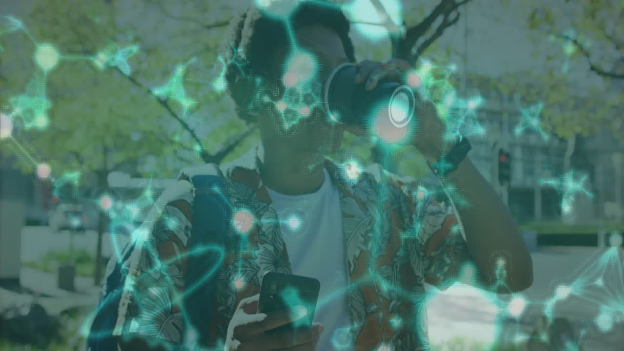 man examining sidewalk with monocular lens and smartphone, displaying technology neural overlay