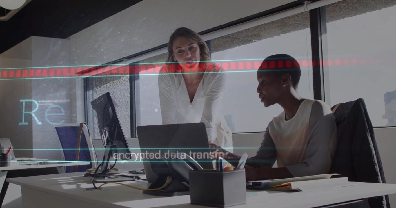 Animation of data processing over diverse business people in office