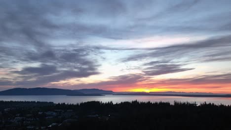 Aerial-shot-of-the-sunset-over-Bellingham,-Washington