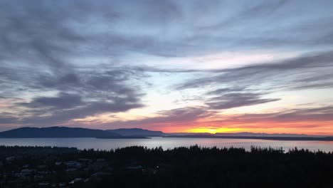 aerial shot of the sunset over bellingham, washington