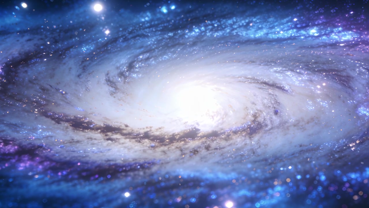 ドリーでズームを開始すると、回転する渦巻銀河の明るい中心核と深宇宙のダストレーンが明らかになる。