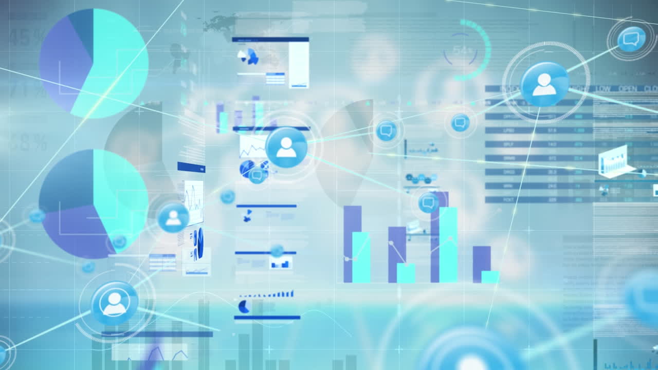 Animation of network of digital icons over statistical data processing against blue background