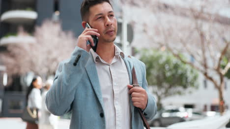 business man, walking and phone call in city